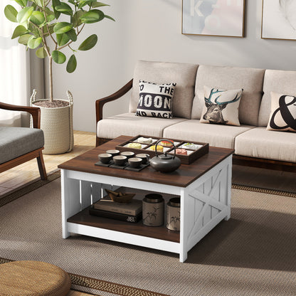 Farmhouse Coffee Table 78cm Square Coffee Table with Storage Shelf-White