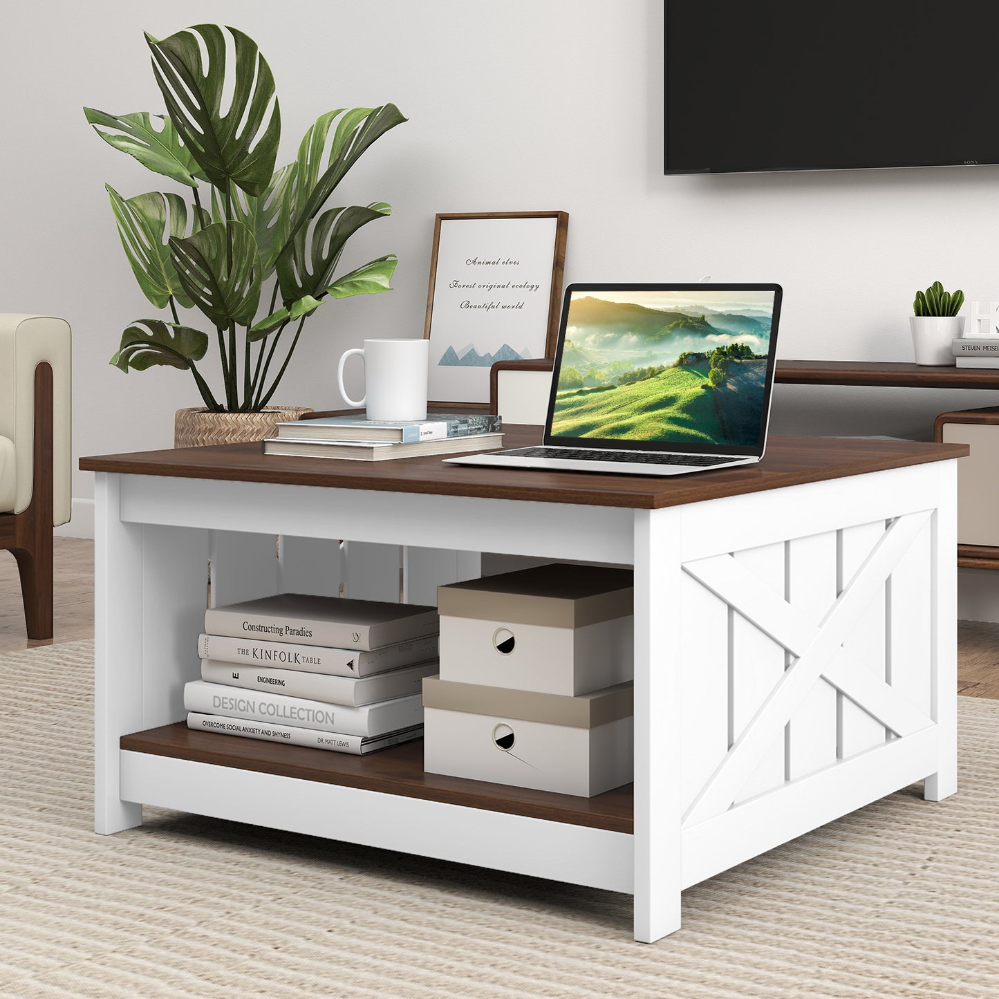 Farmhouse Coffee Table 78cm Square Coffee Table with Storage Shelf-White