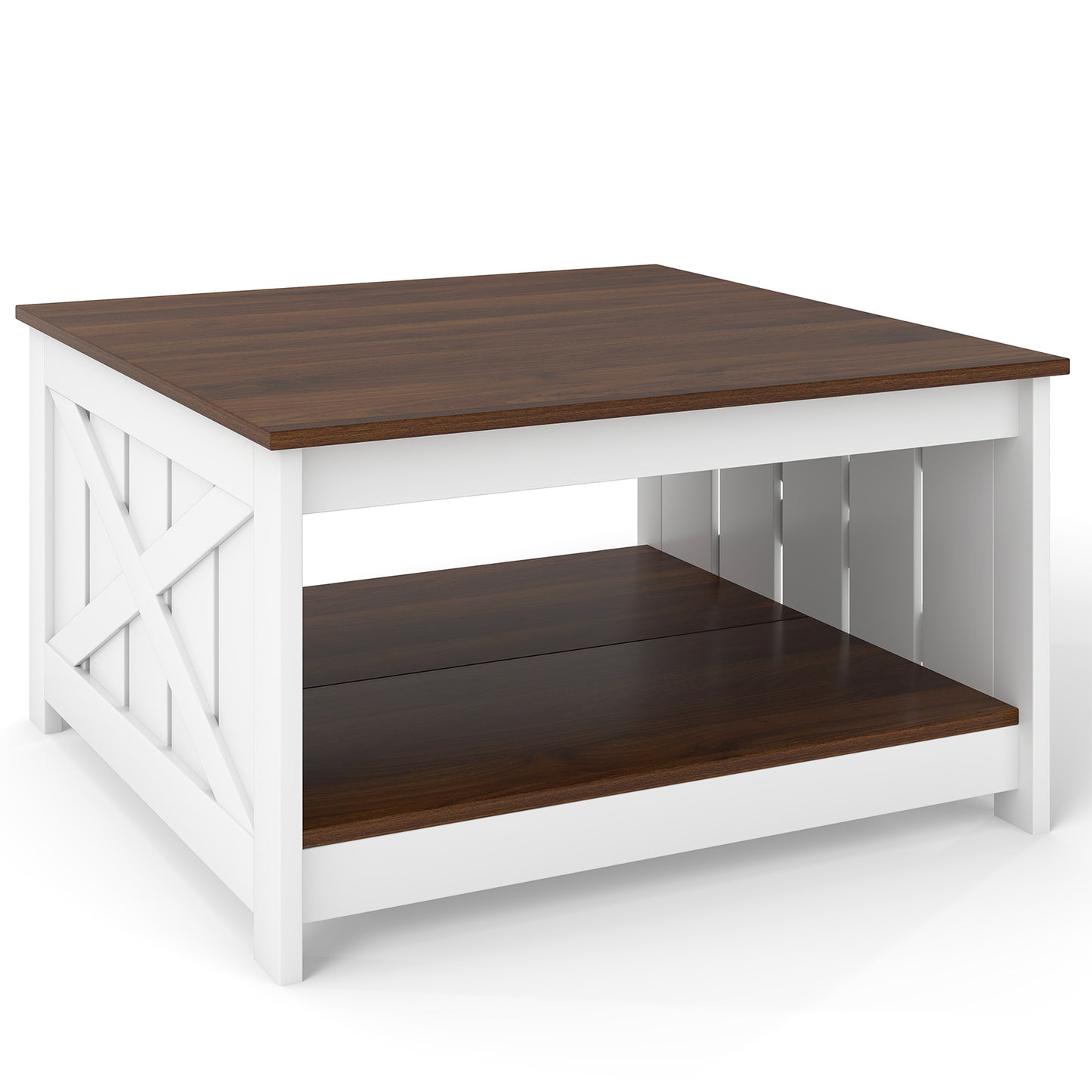 Farmhouse Coffee Table 78cm Square Coffee Table with Storage Shelf-White