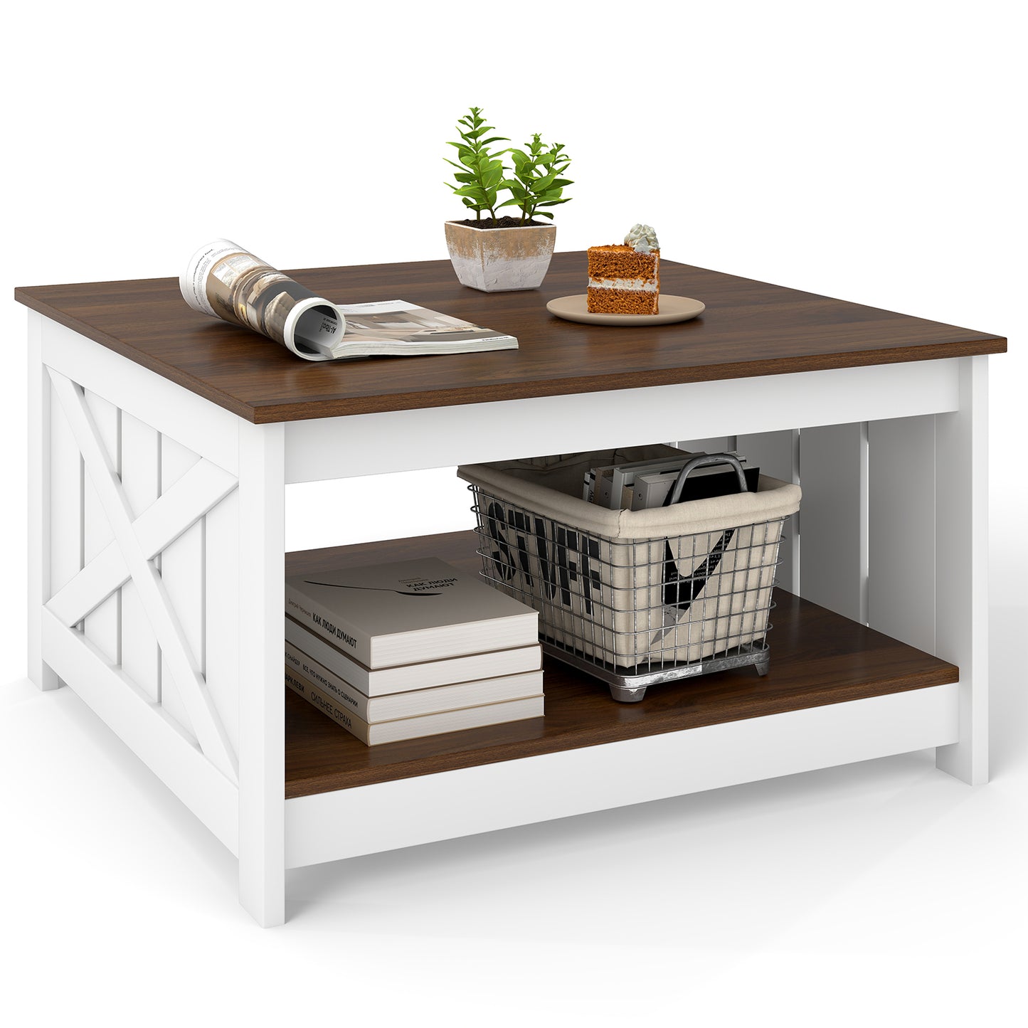 Farmhouse Coffee Table 78cm Square Coffee Table with Storage Shelf-White
