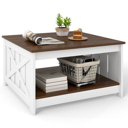 Farmhouse Coffee Table 78cm Square Coffee Table with Storage Shelf-White