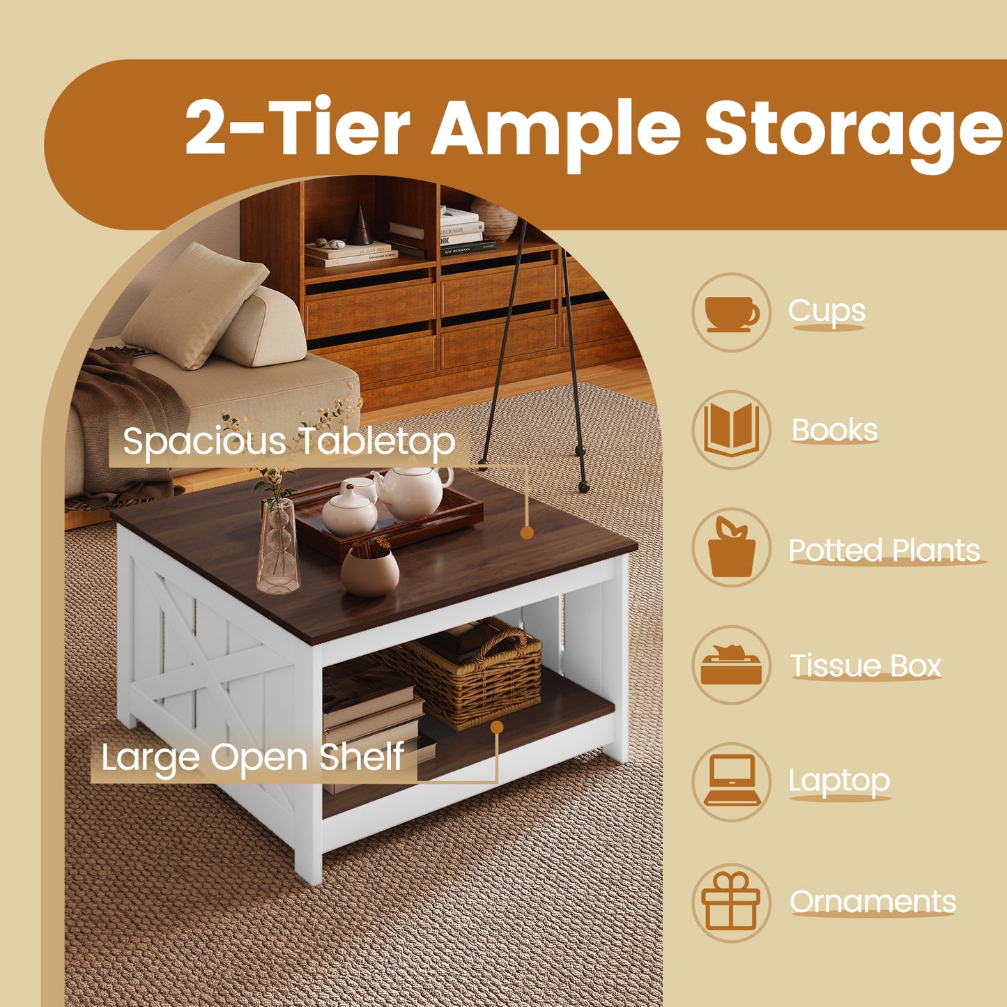 Farmhouse Coffee Table 78cm Square Coffee Table with Storage Shelf-White