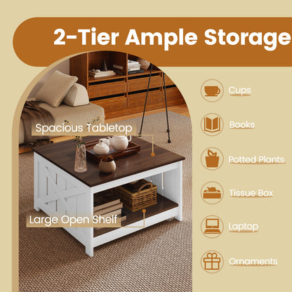 Farmhouse Coffee Table 78cm Square Coffee Table with Storage Shelf-White
