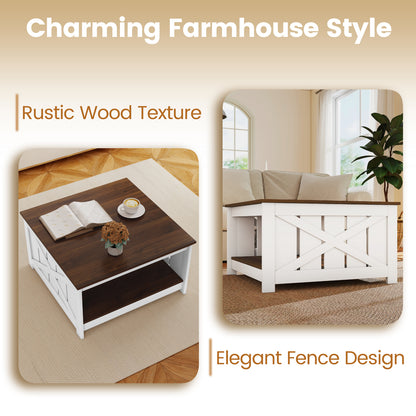 Farmhouse Coffee Table 78cm Square Coffee Table with Storage Shelf-White