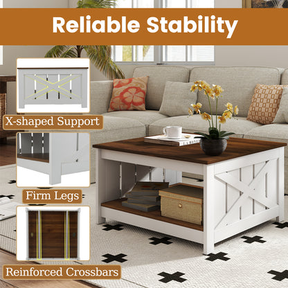 Farmhouse Coffee Table 78cm Square Coffee Table with Storage Shelf-White