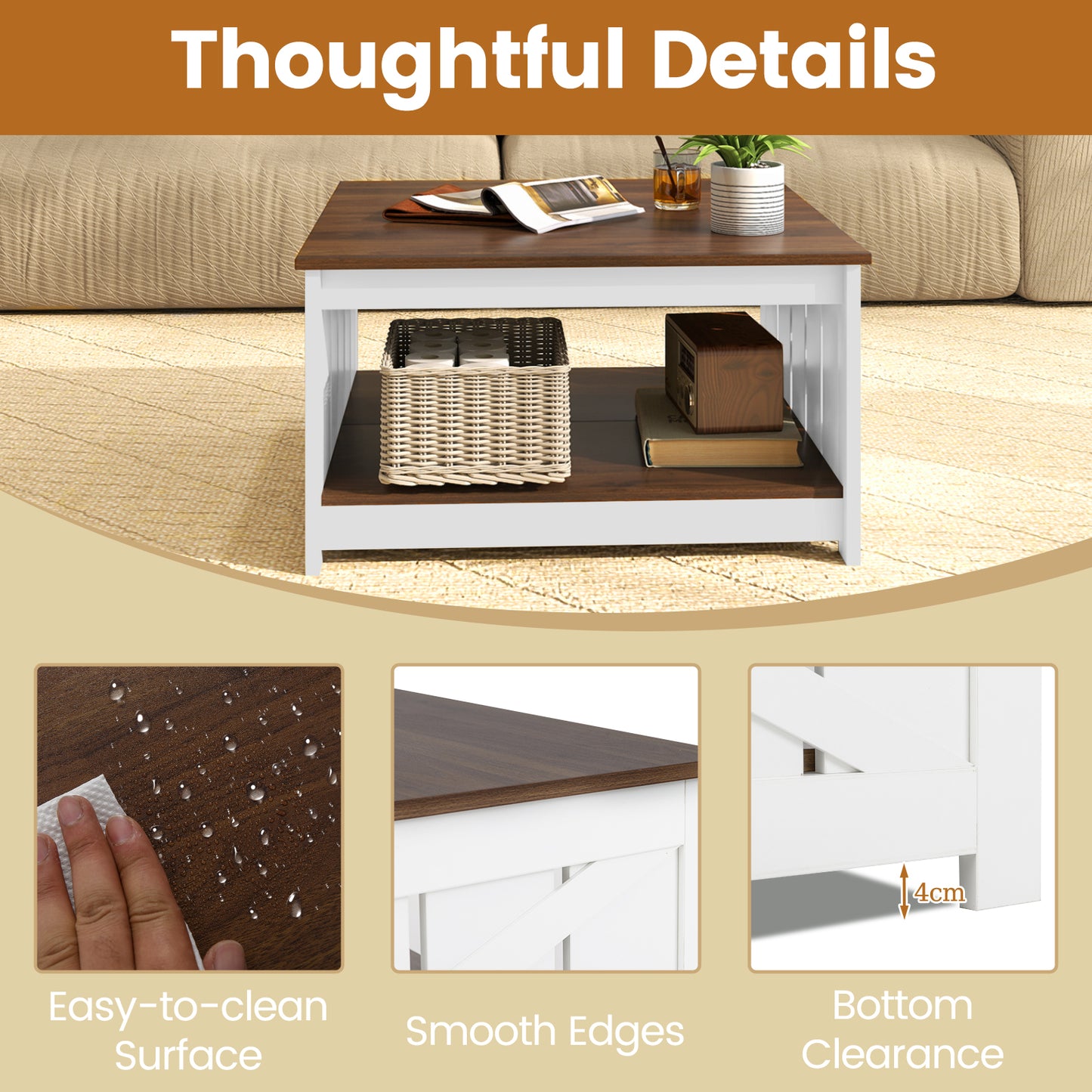 Farmhouse Coffee Table 78cm Square Coffee Table with Storage Shelf-White