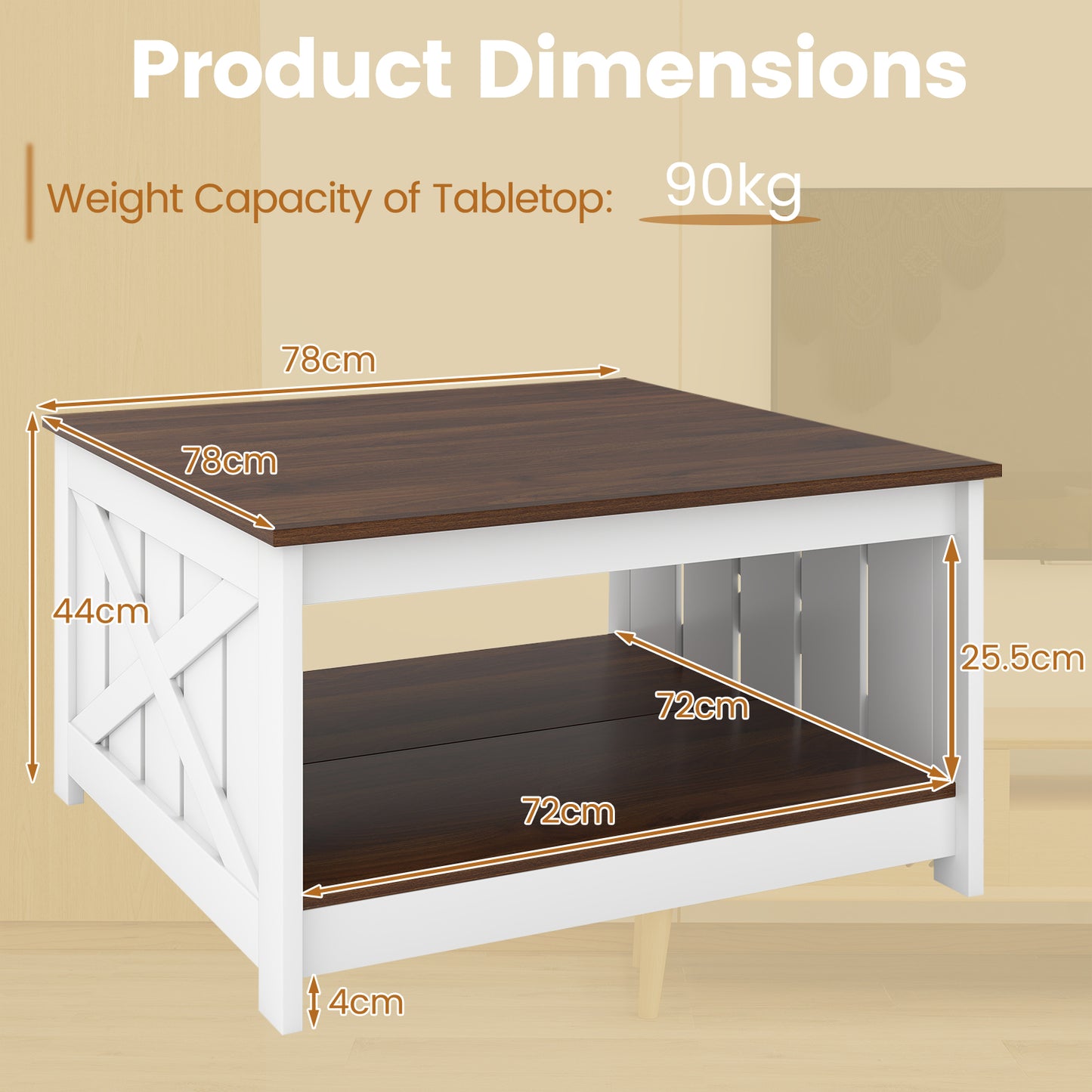 Farmhouse Coffee Table 78cm Square Coffee Table with Storage Shelf-White