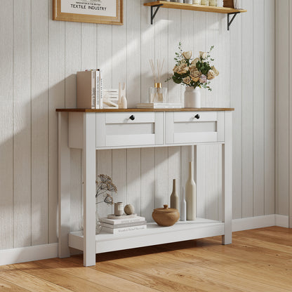 Farmhouse Console Table with 2 Drawers and Open Storage Shelf