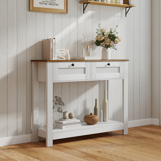 Farmhouse Console Table with 2 Drawers and Open Storage Shelf