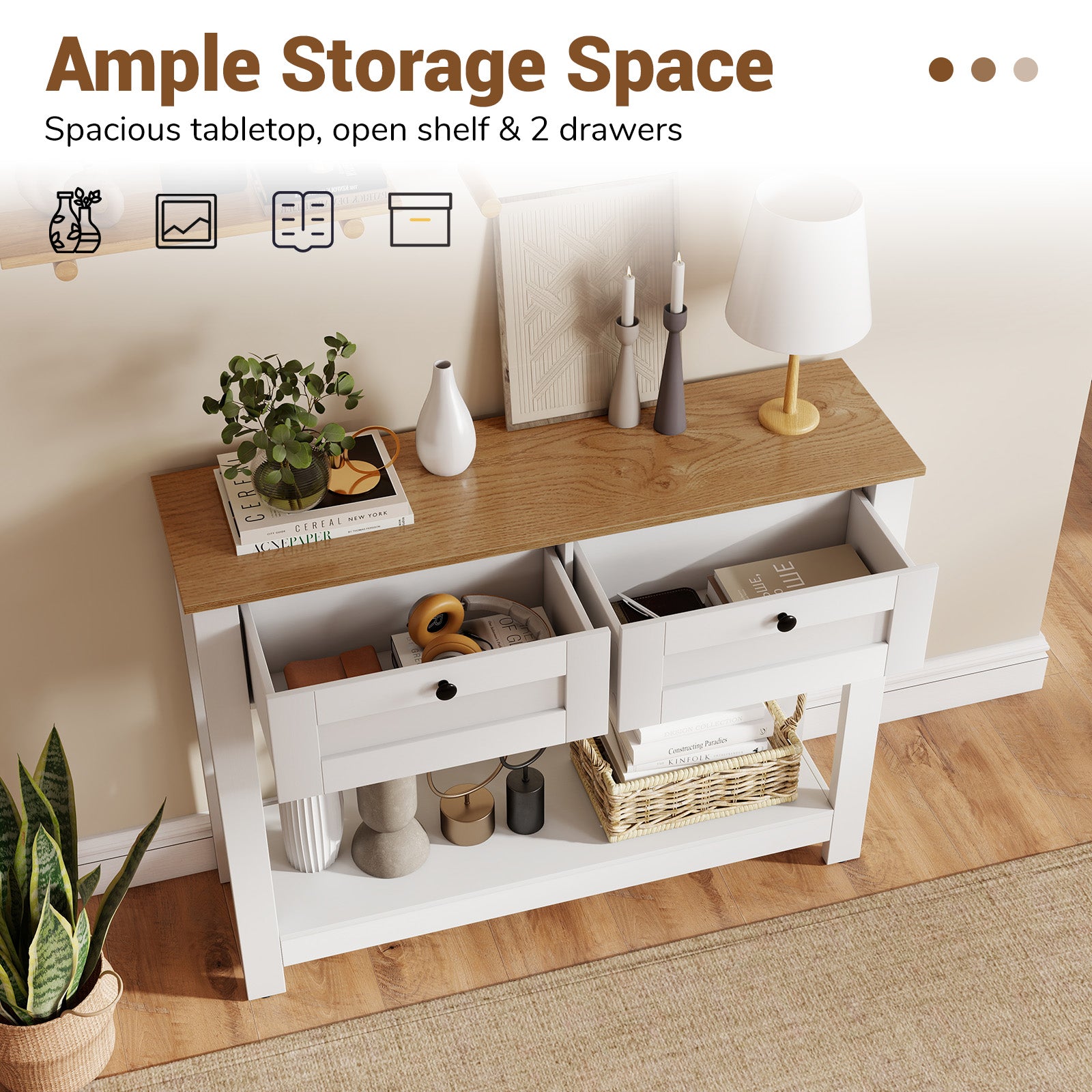 Farmhouse Console Table with 2 Drawers and Open Storage Shelf