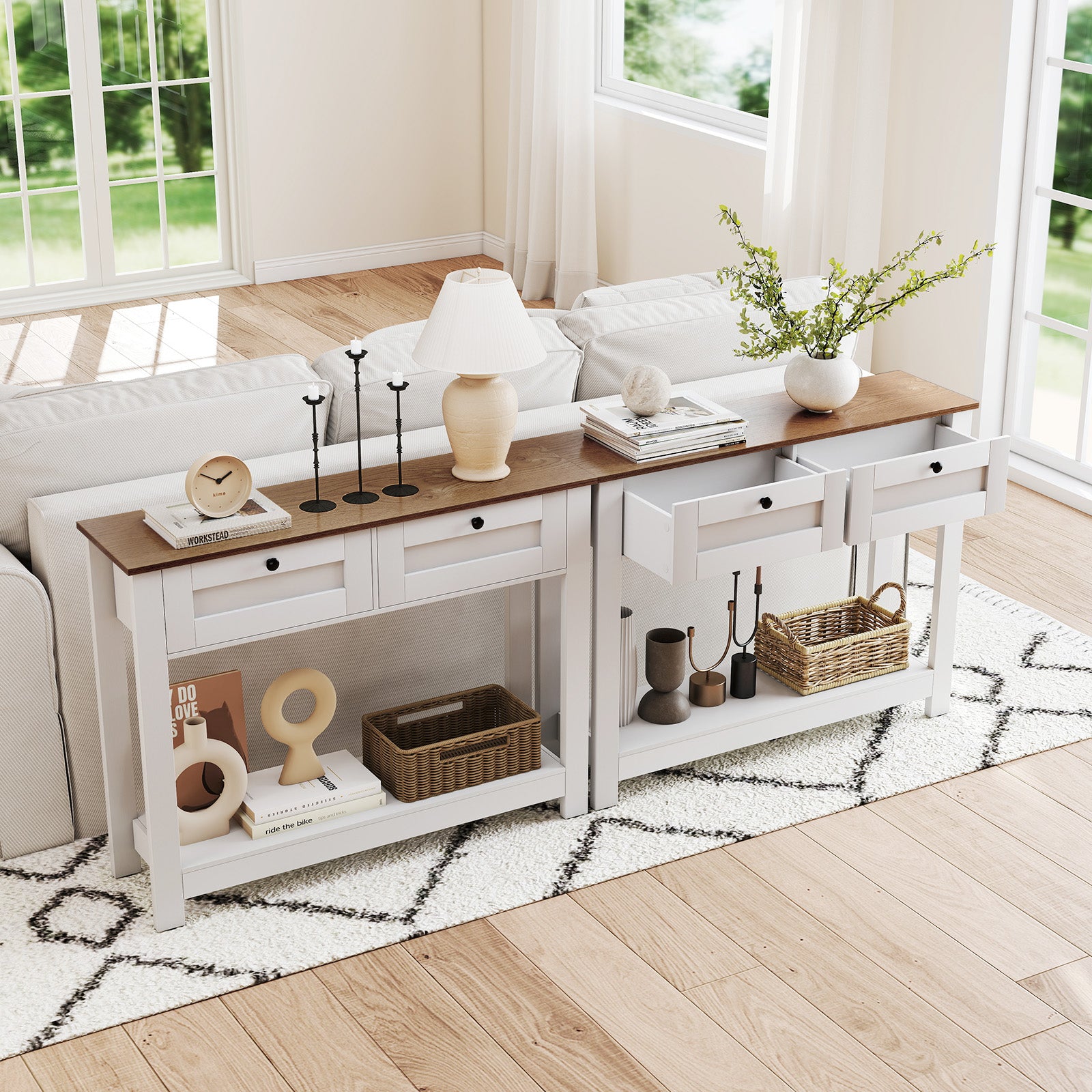 Farmhouse Console Table with 2 Drawers and Open Storage Shelf