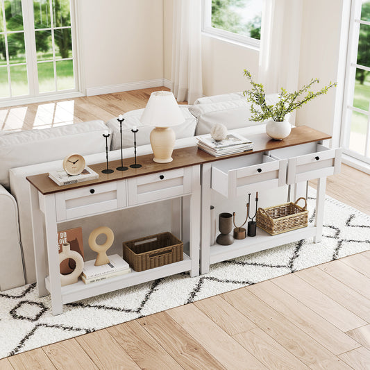 Farmhouse Console Table with 2 Drawers and Open Storage Shelf