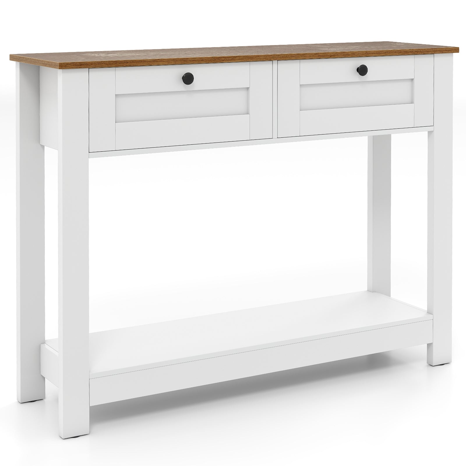 Farmhouse Console Table with 2 Drawers and Open Storage Shelf