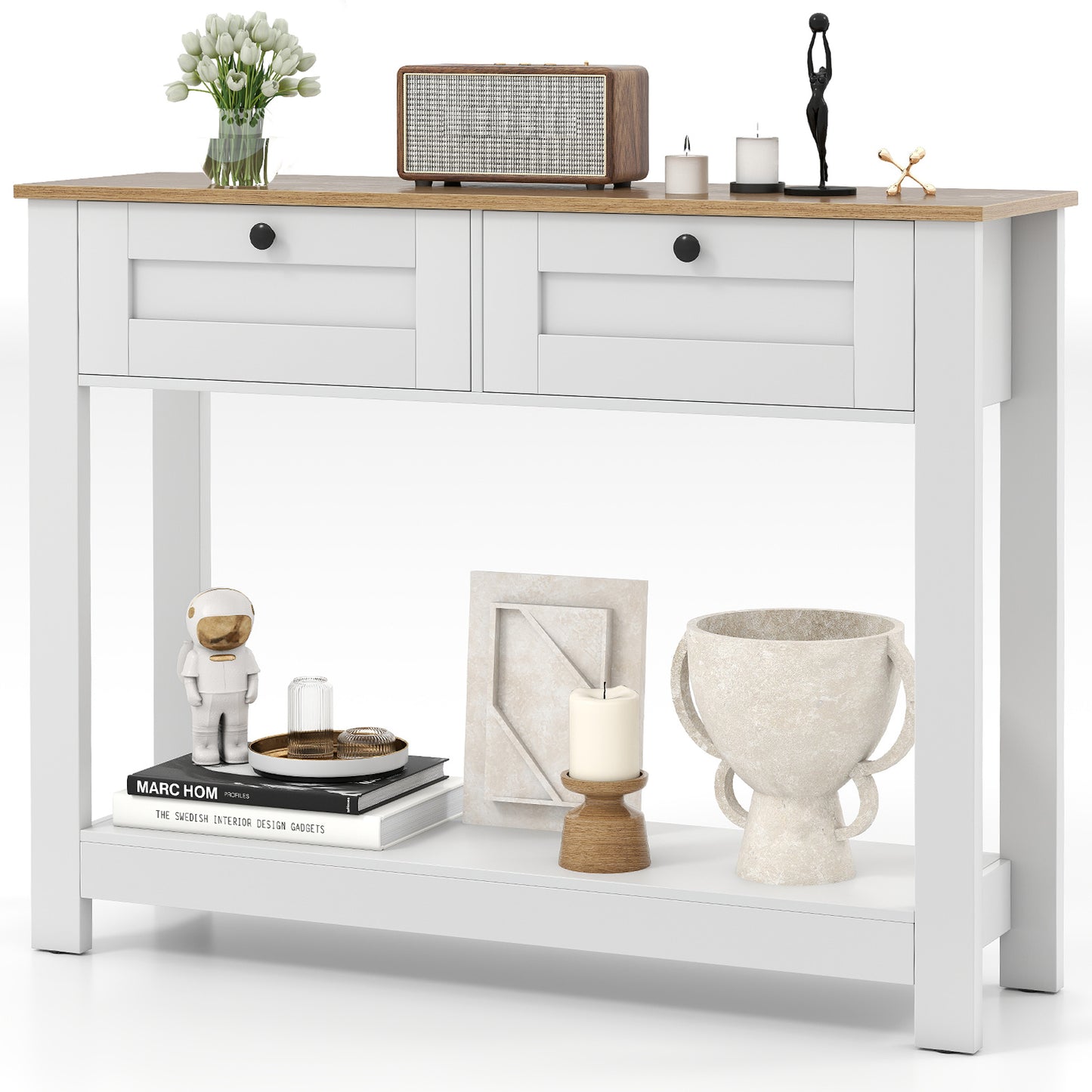 Farmhouse Console Table with 2 Drawers and Open Storage Shelf