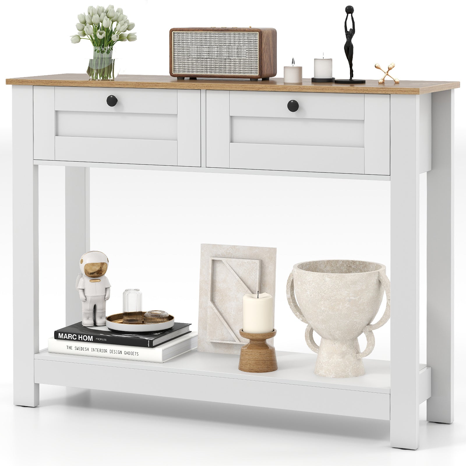 Farmhouse Console Table with 2 Drawers and Open Storage Shelf