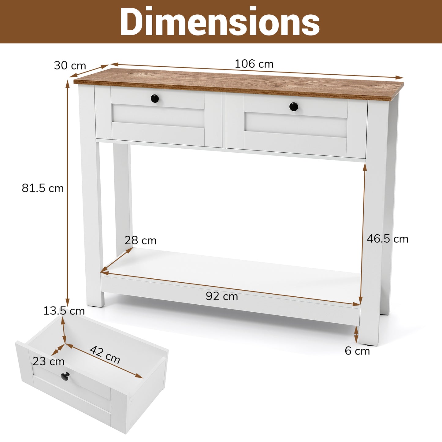 Farmhouse Console Table with 2 Drawers and Open Storage Shelf