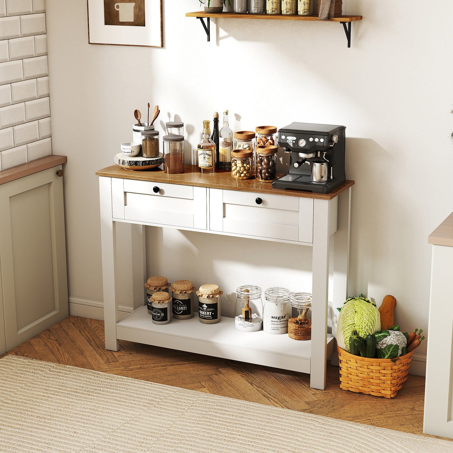 Farmhouse Console Table with 2 Drawers and Open Storage Shelf