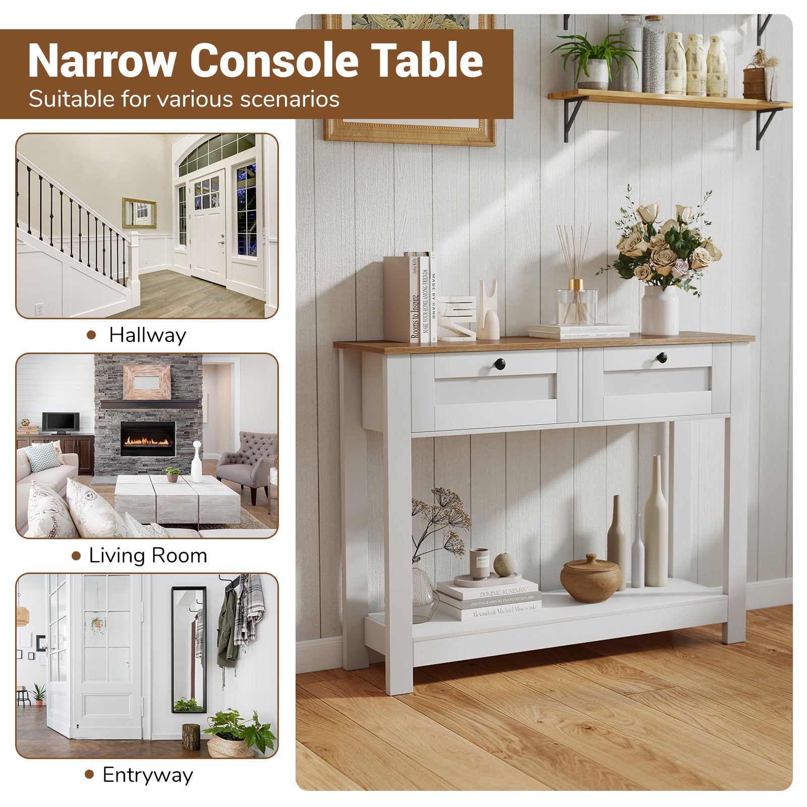 Farmhouse Console Table with 2 Drawers and Open Storage Shelf