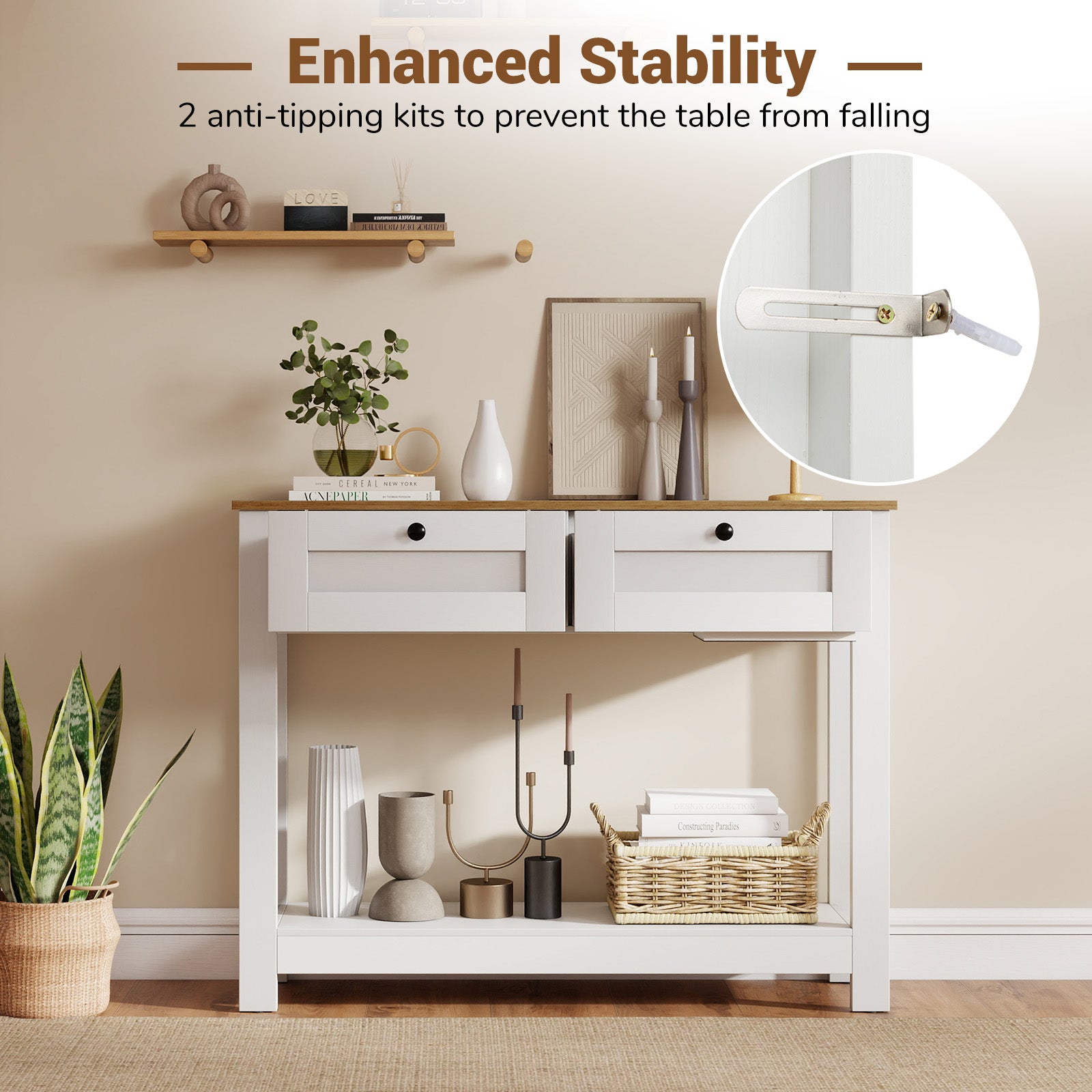 Farmhouse Console Table with 2 Drawers and Open Storage Shelf