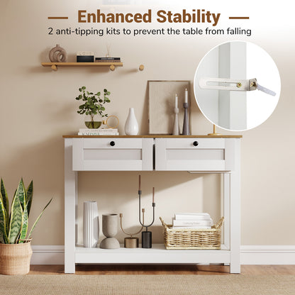 Farmhouse Console Table with 2 Drawers and Open Storage Shelf