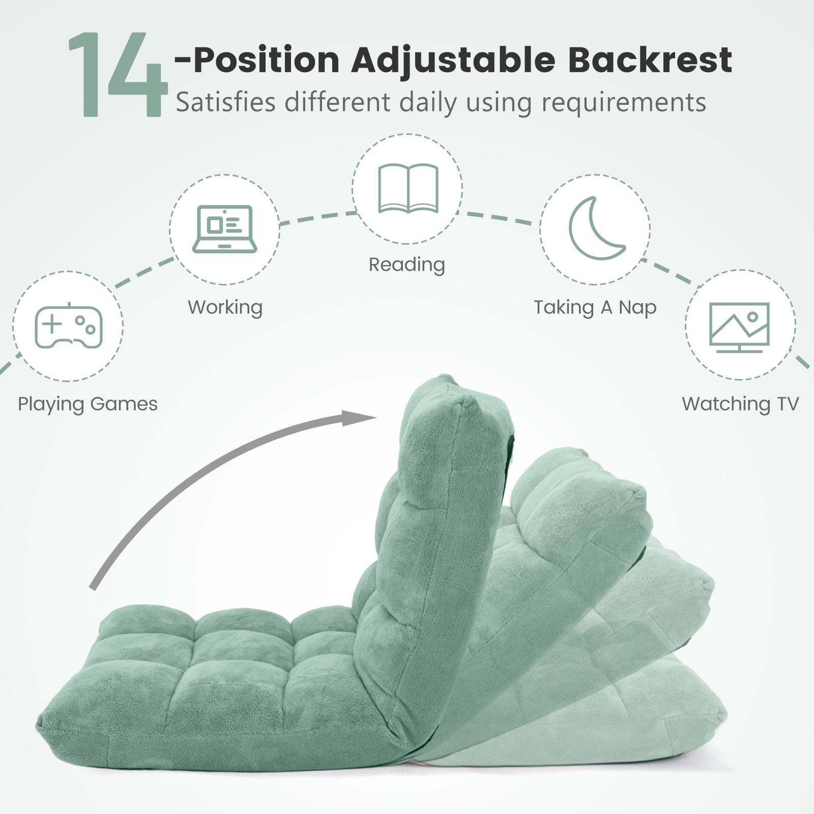 Floor Chair with Back Support with 14-Position Adjustable Back and Thick Sponge Padding-Green
