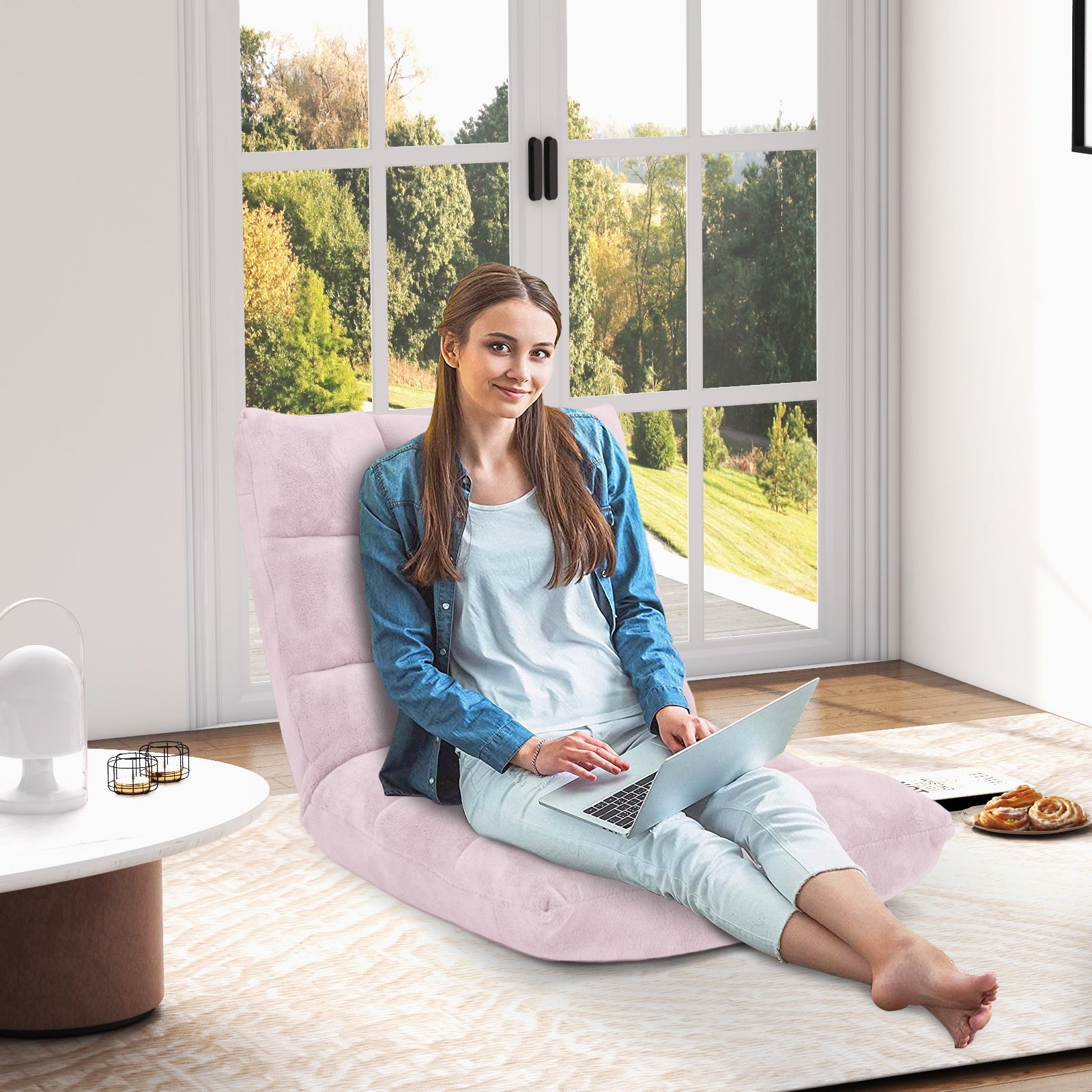 Floor Chair with Back Support with 14-Position Adjustable Back and Thick Sponge Padding-Light Pink