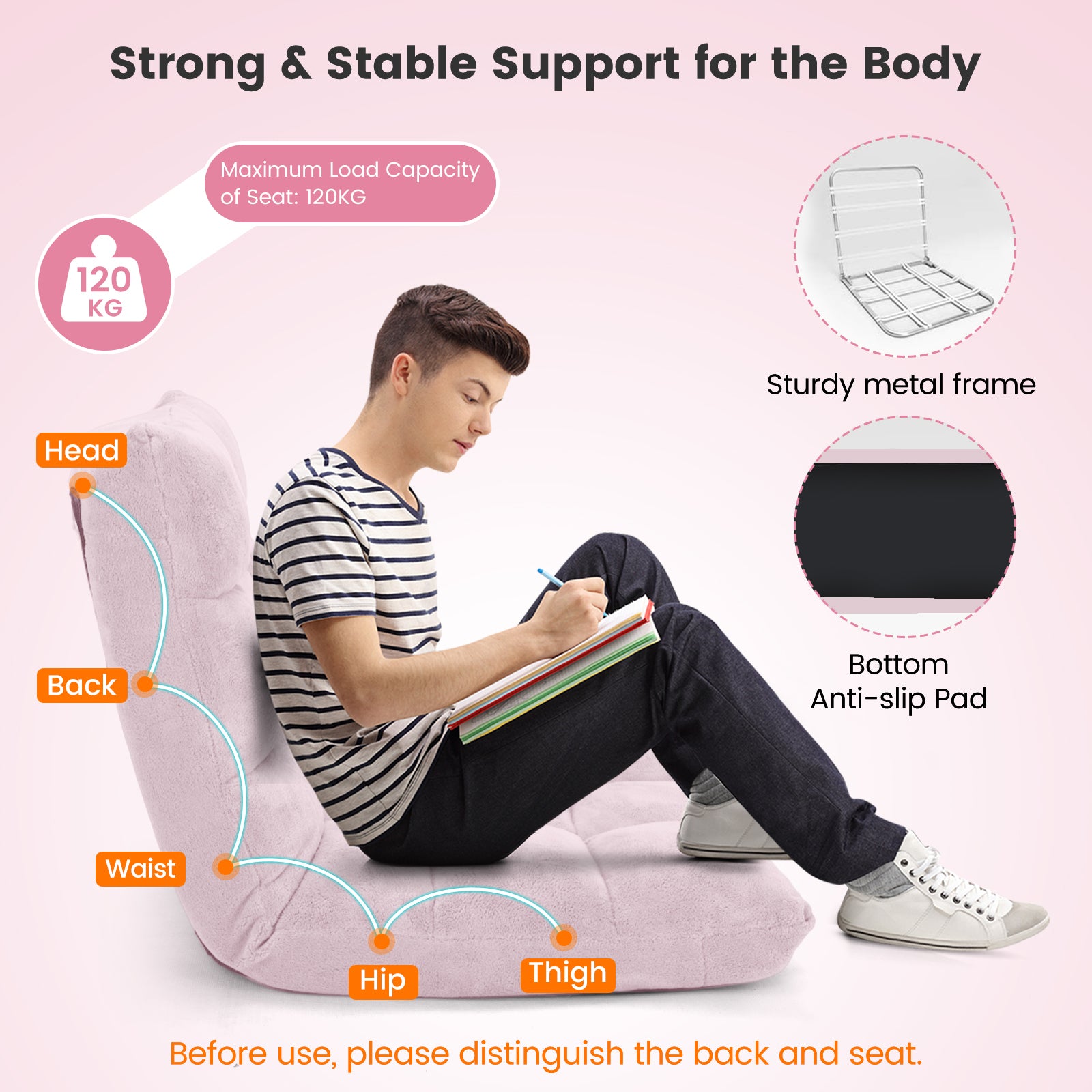 Floor Chair with Back Support with 14-Position Adjustable Back and Thick Sponge Padding-Light Pink