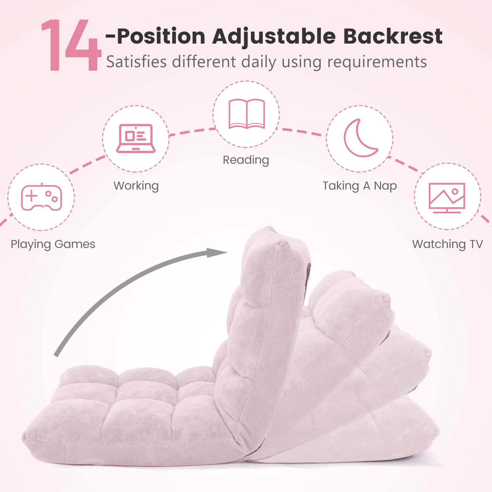 Floor Chair with Back Support with 14-Position Adjustable Back and Thick Sponge Padding-Light Pink
