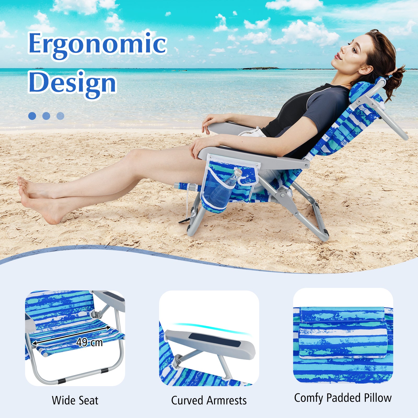 Foldable 5-Position Backpack Beach Chair with Cup Holder-Blue