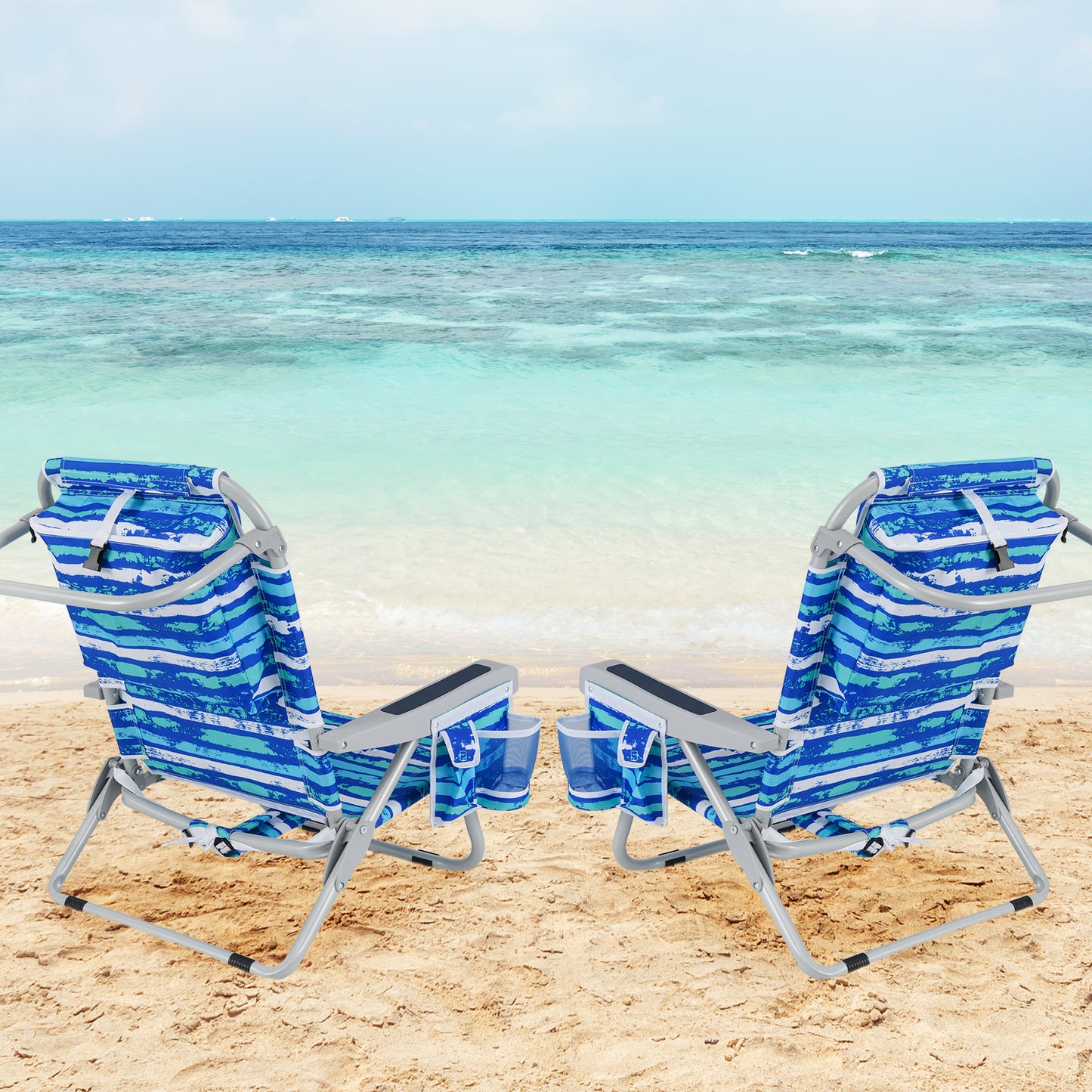 Foldable 5-Position Backpack Beach Chair with Cup Holder-Blue