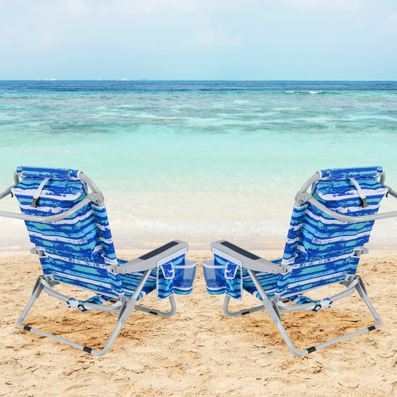Foldable 5-Position Backpack Beach Chair with Cup Holder-Blue