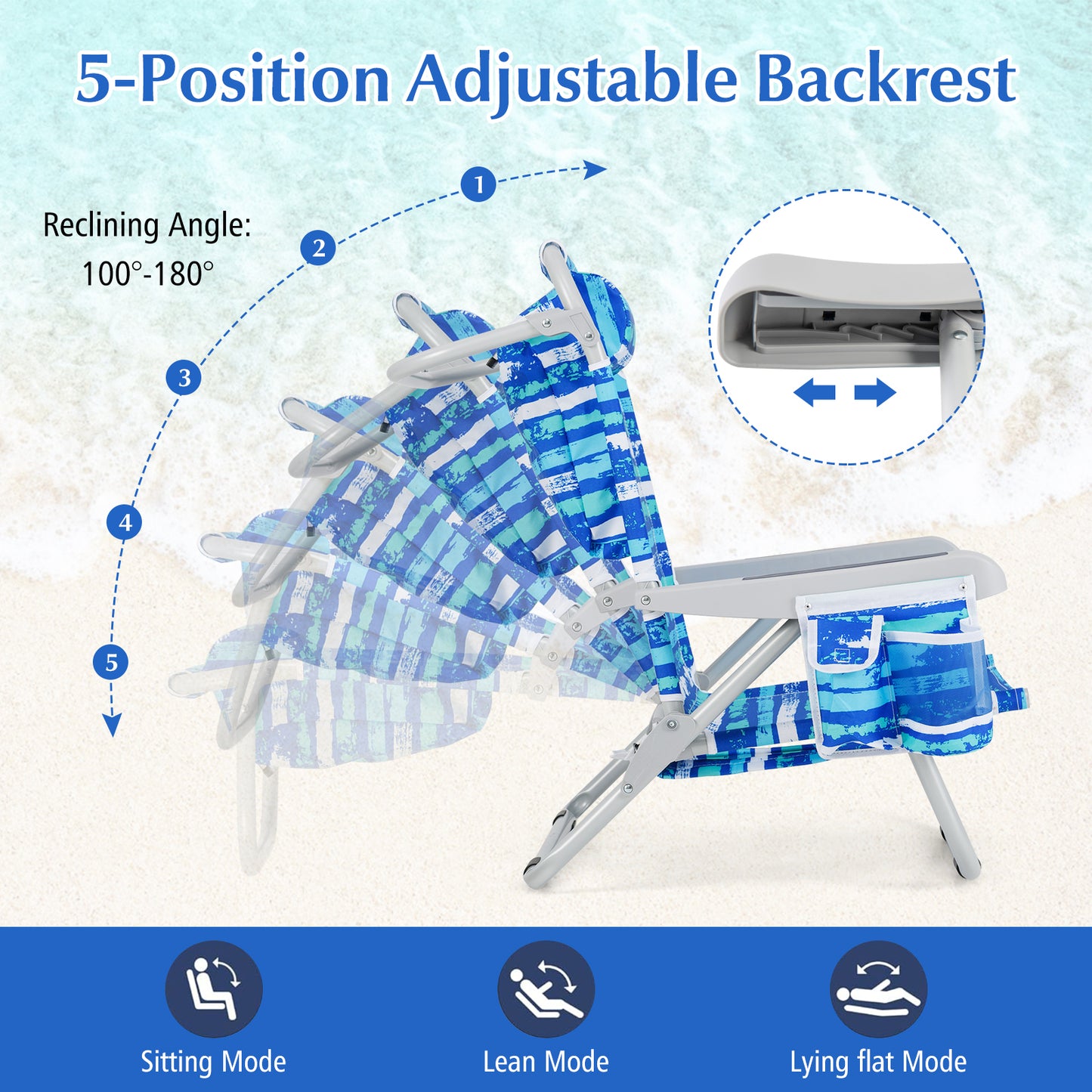 Foldable 5-Position Backpack Beach Chair with Cup Holder-Blue