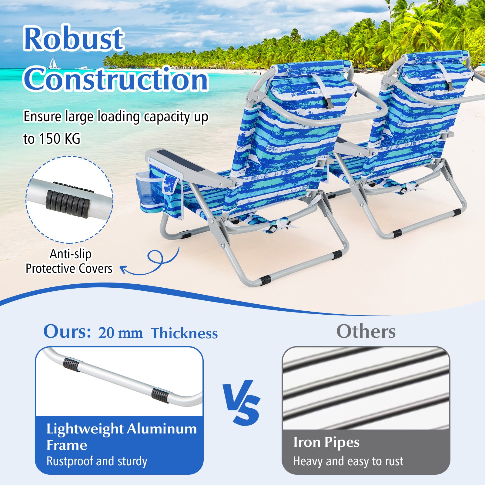 Foldable 5-Position Backpack Beach Chair with Cup Holder-Blue