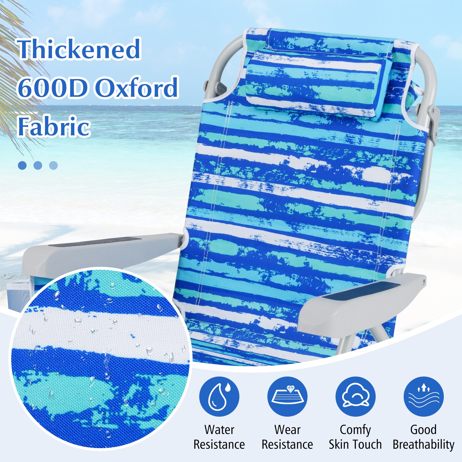 Foldable 5-Position Backpack Beach Chair with Cup Holder-Blue