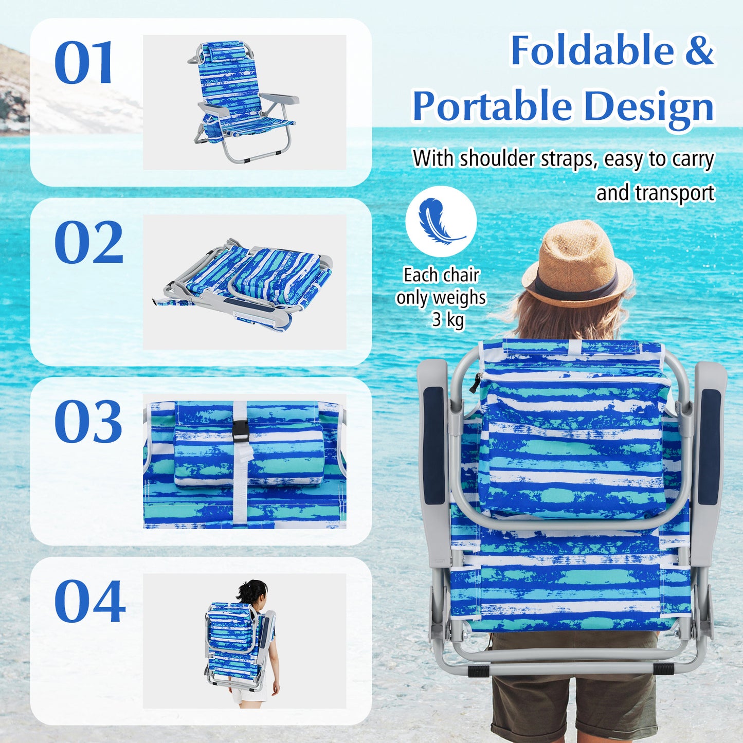 Foldable 5-Position Backpack Beach Chair with Cup Holder-Blue