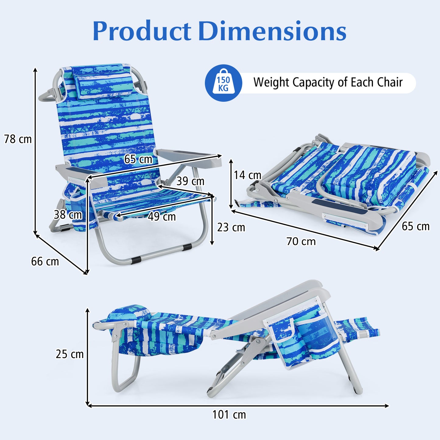 Foldable 5-Position Backpack Beach Chair with Cup Holder-Blue