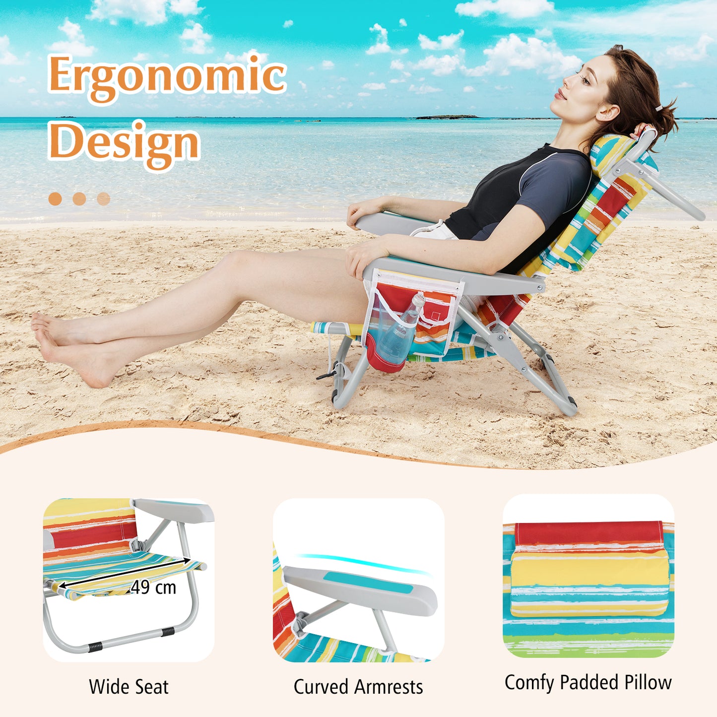 Foldable 5-Position Backpack Beach Chair with Cup Holder-Colourful