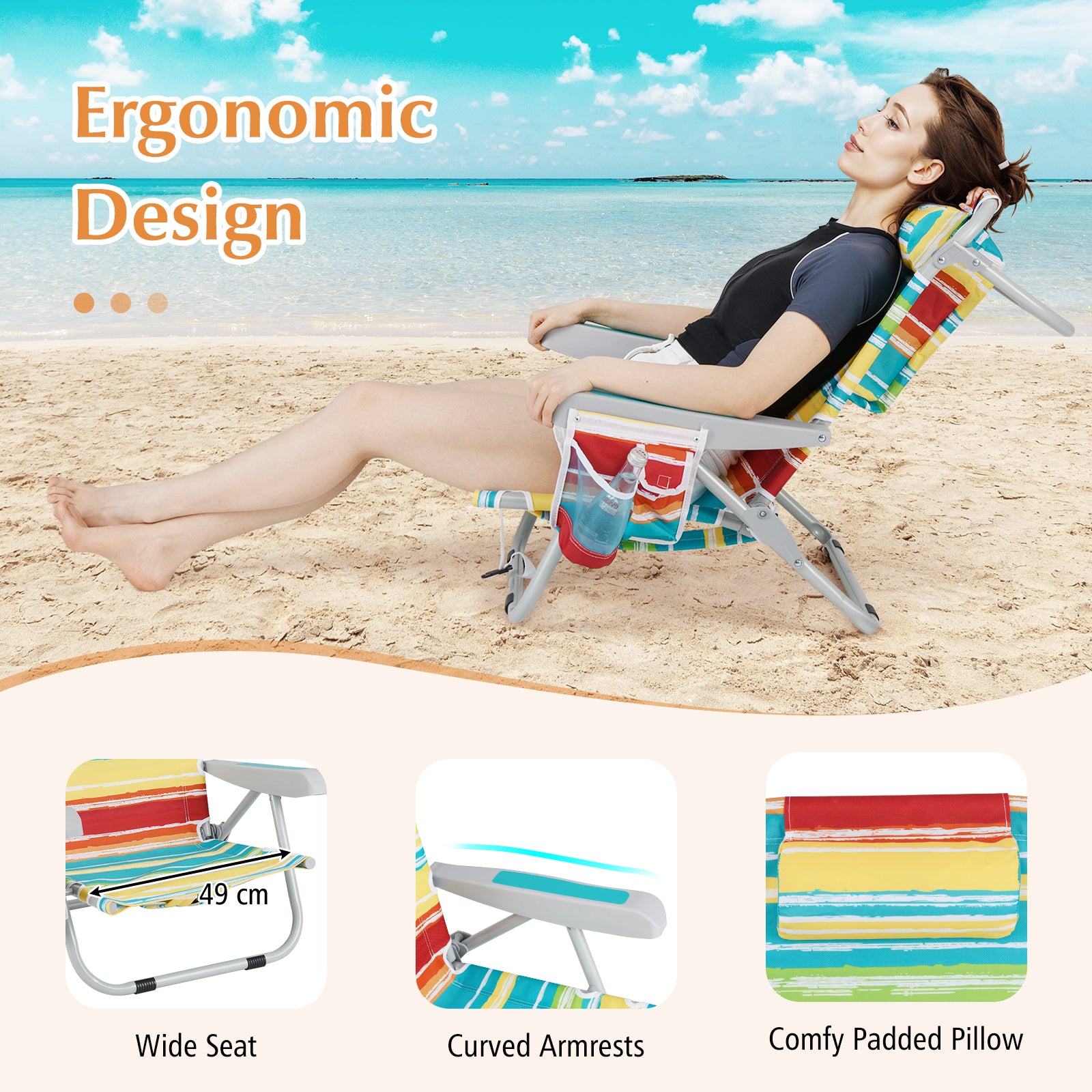 Foldable 5-Position Backpack Beach Chair with Cup Holder-Colourful