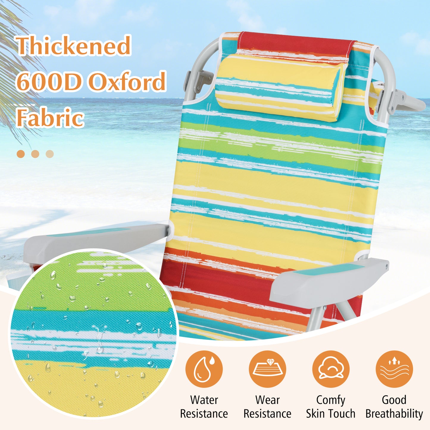 Foldable 5-Position Backpack Beach Chair with Cup Holder-Colourful