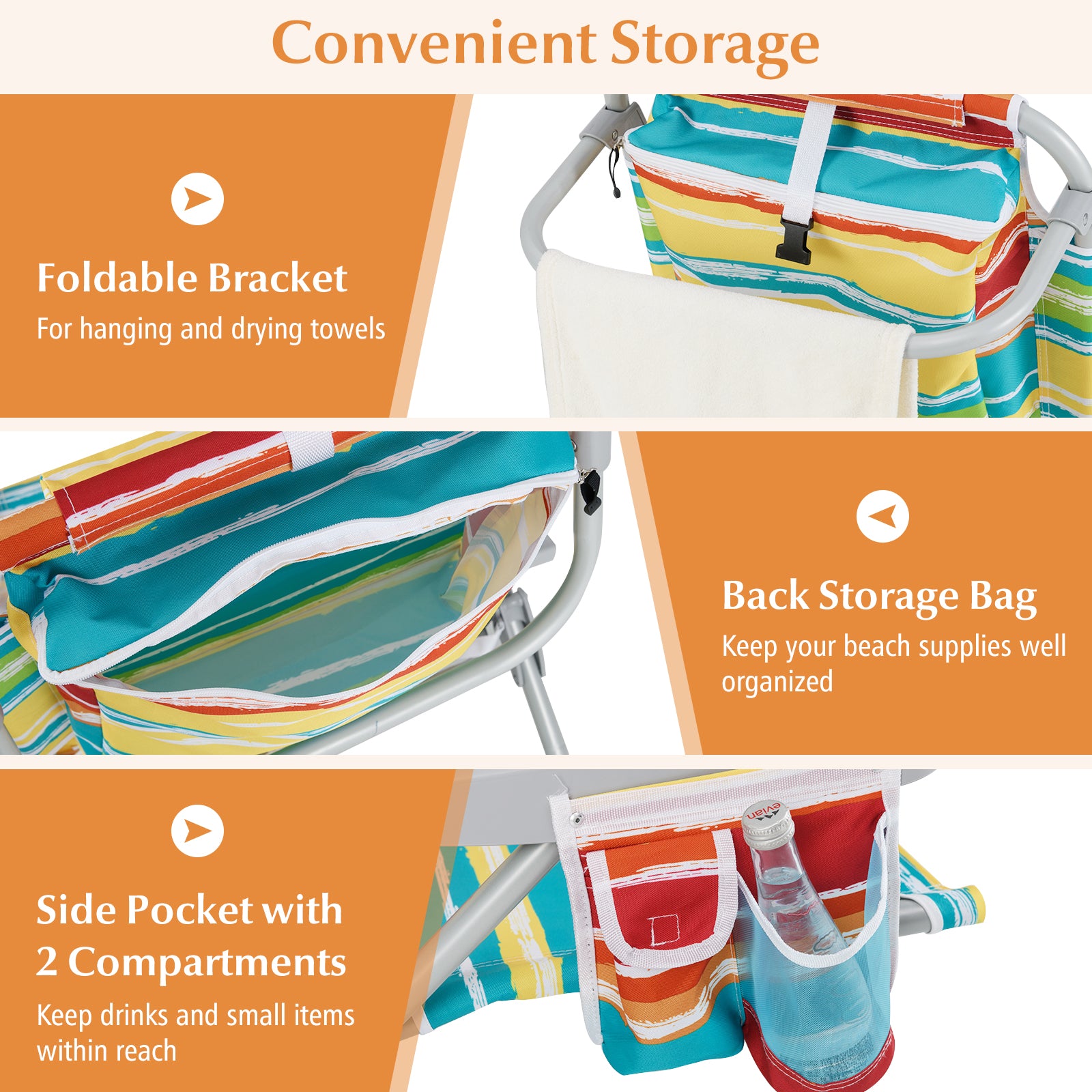 Foldable 5-Position Backpack Beach Chair with Cup Holder-Colourful