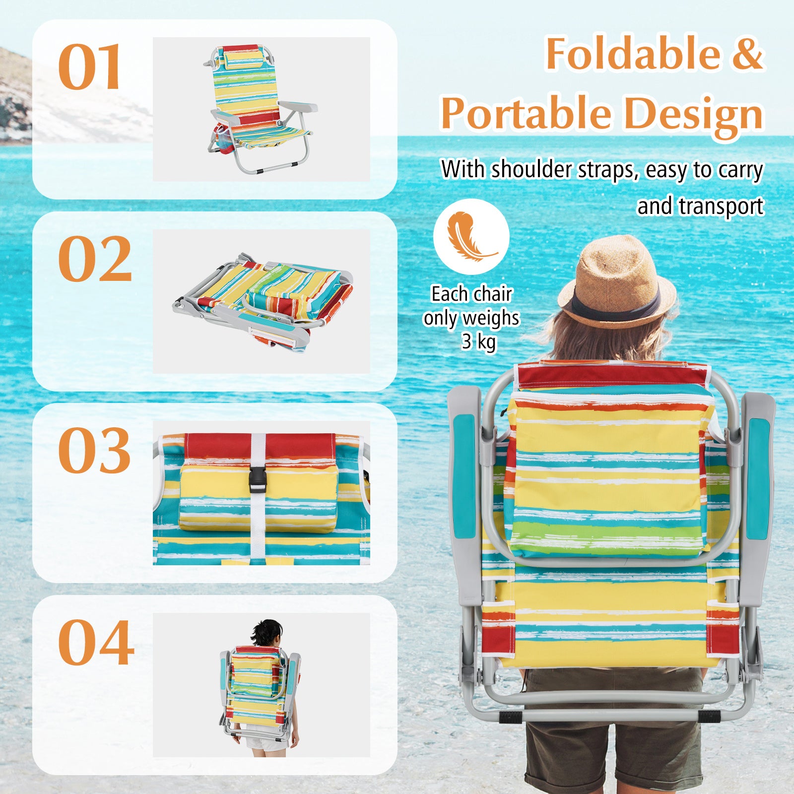 Foldable 5-Position Backpack Beach Chair with Cup Holder-Colourful