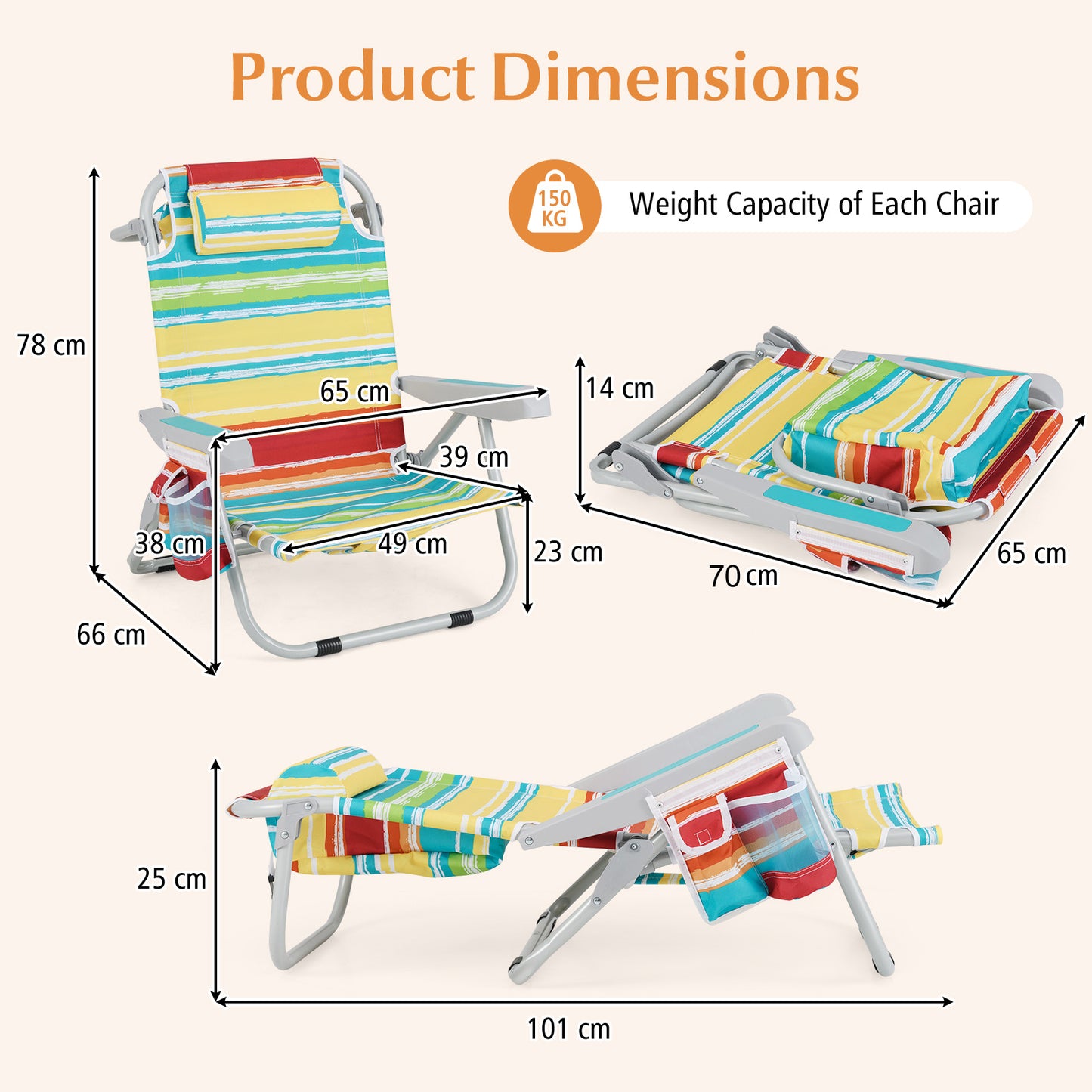 Foldable 5-Position Backpack Beach Chair with Cup Holder-Colourful