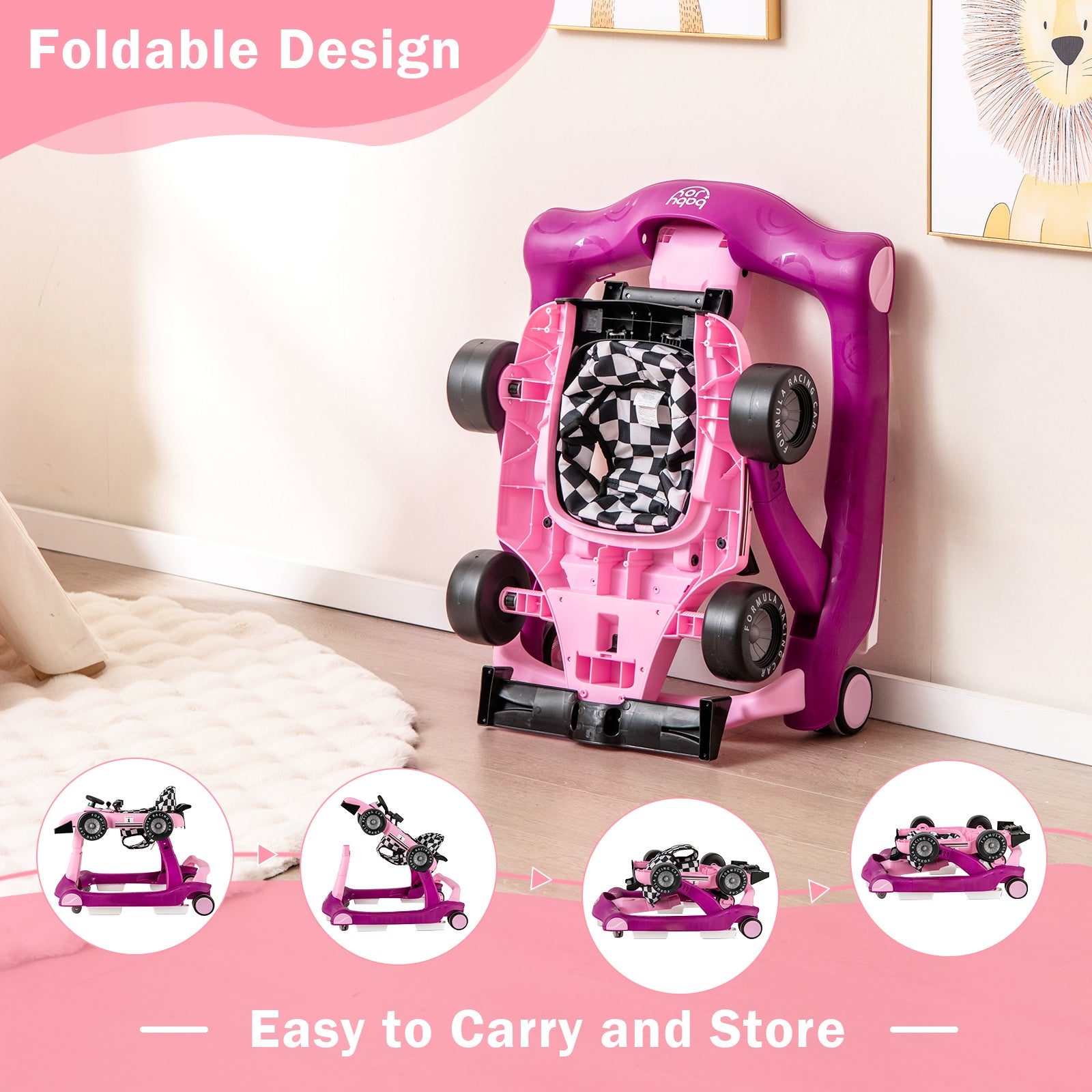 4-in-1 Foldable Activity Car Walker with Adjustable Height and Speed-Purple