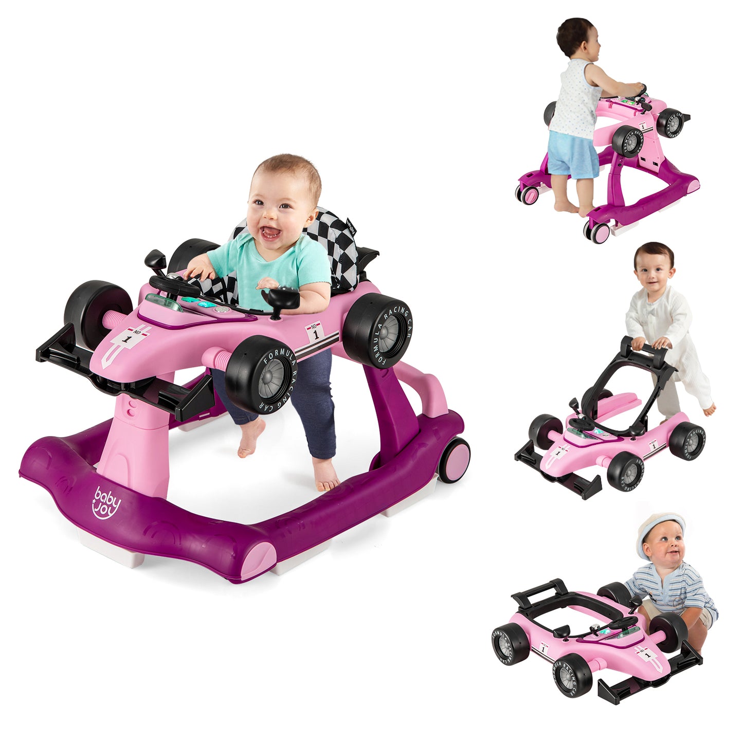 4-in-1 Foldable Activity Car Walker with Adjustable Height and Speed-Purple