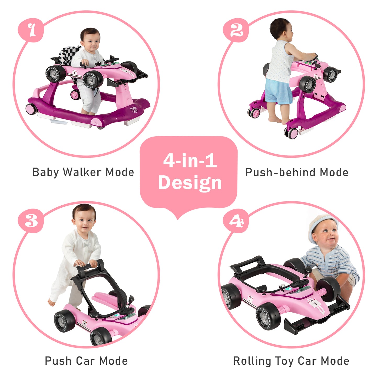 4-in-1 Foldable Activity Car Walker with Adjustable Height and Speed-Purple