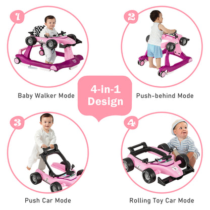 4-in-1 Foldable Activity Car Walker with Adjustable Height and Speed-Purple