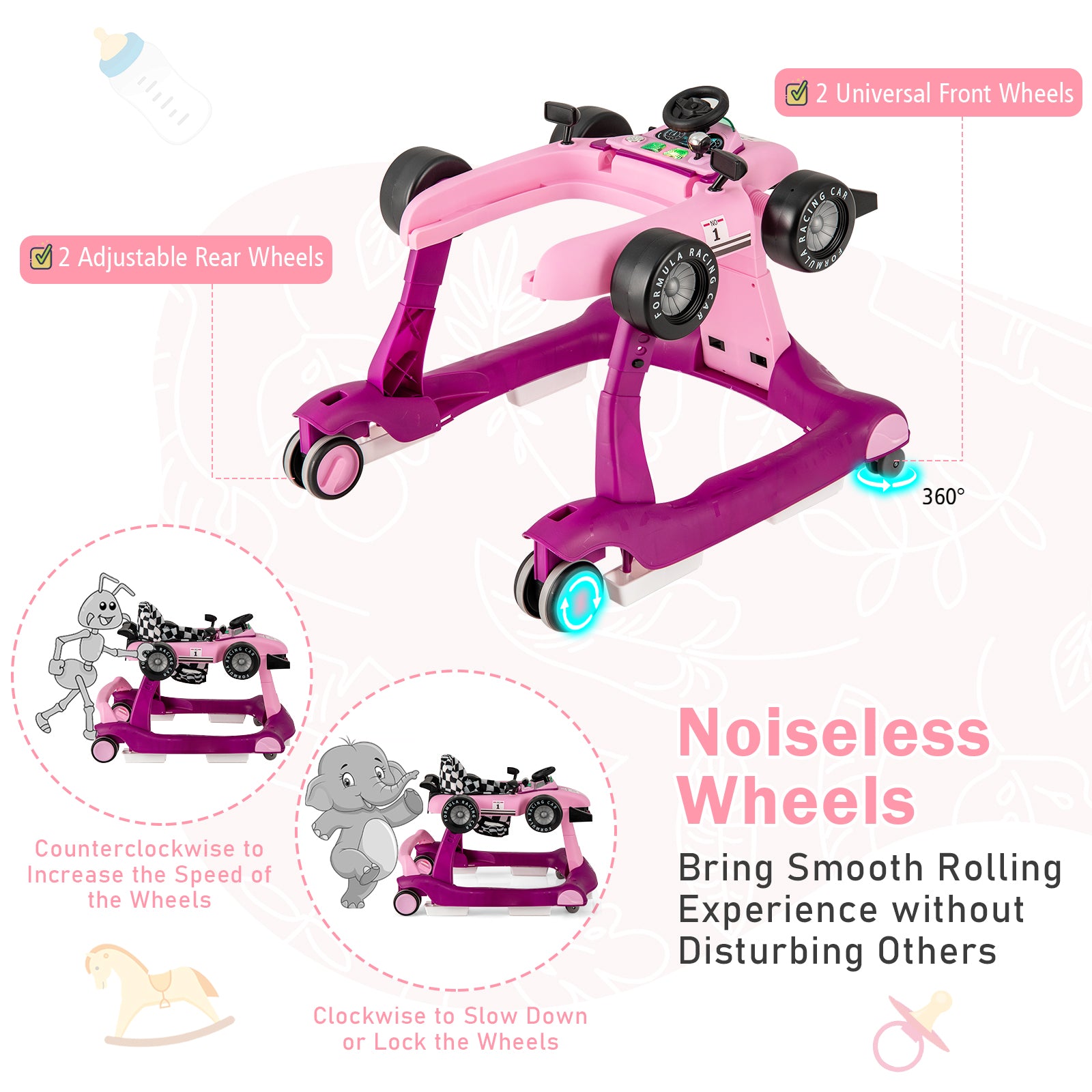 4-in-1 Foldable Activity Car Walker with Adjustable Height and Speed-Purple