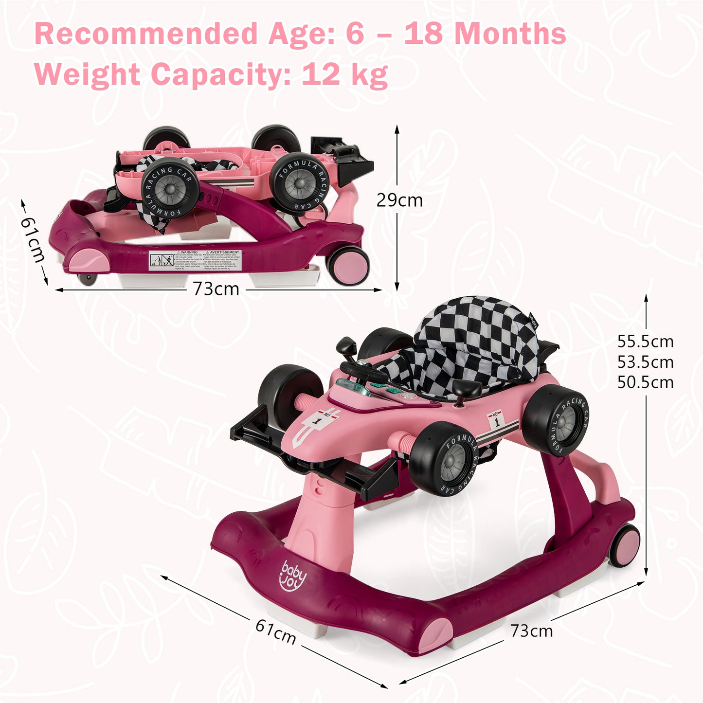 4-in-1 Foldable Activity Car Walker with Adjustable Height and Speed-Purple