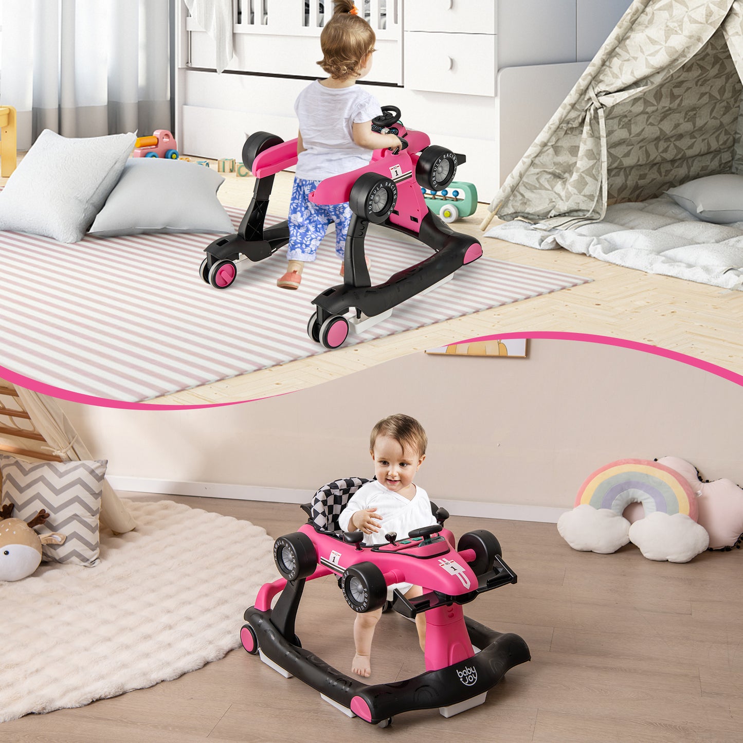 4-in-1 Foldable Activity Car Walker with Adjustable Height and Speed-Light Pink