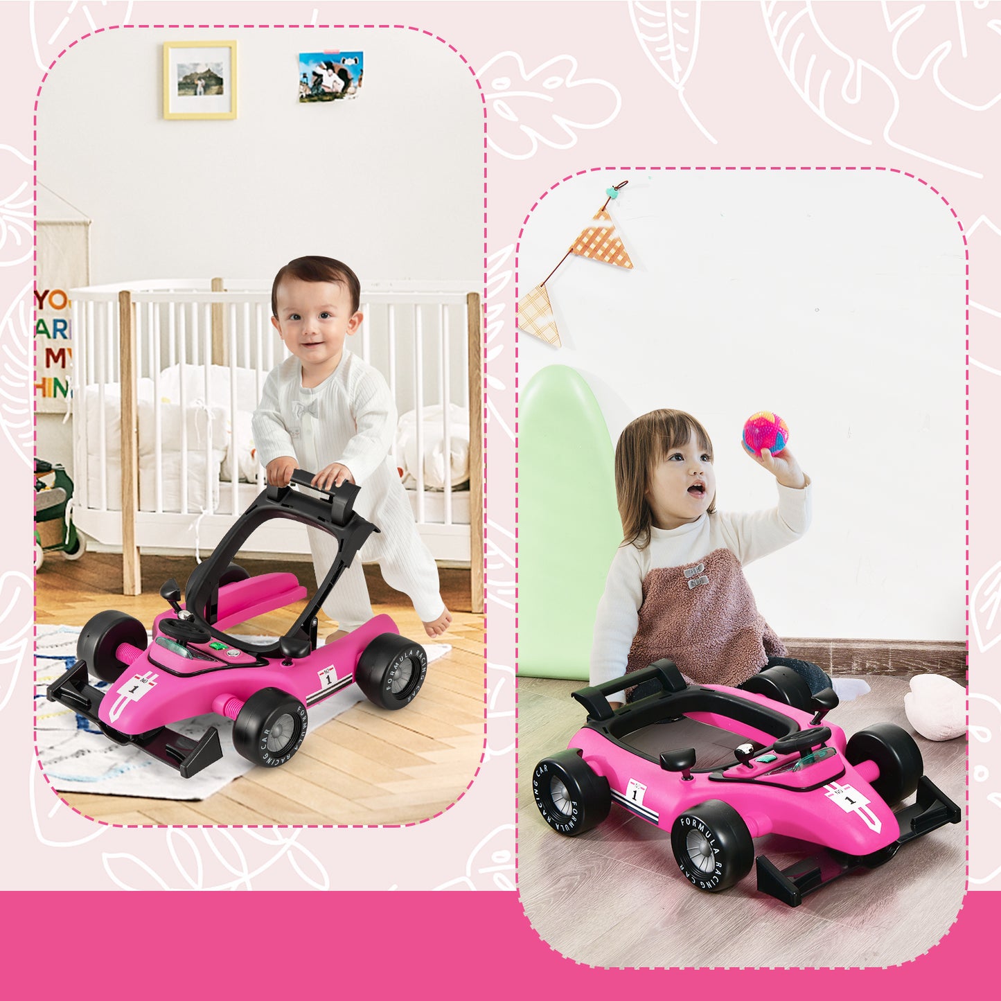 4-in-1 Foldable Activity Car Walker with Adjustable Height and Speed-Light Pink